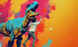 a man is playing with a blue dinosaur on a bright colored background