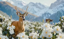 a white - tailed deer standing in a field full of flowers