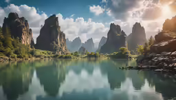 a river and some mountains with rocks on the sides