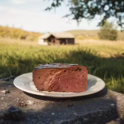 a piece of chocolate cake sitting on top of a white plate