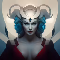 a woman with blue hair and a devilish helmet