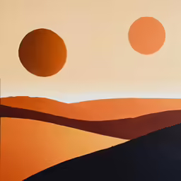 a painting with three circles over an orange landscape