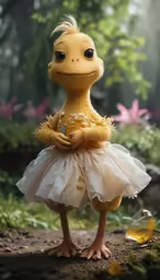 a strange creature with an extravagant dress in the woods