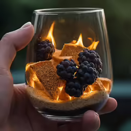 a man holds a wine glass with a bunch of fruit on it