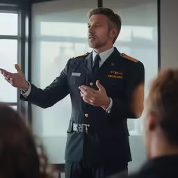 a uniformed man in uniform speaking to an audience