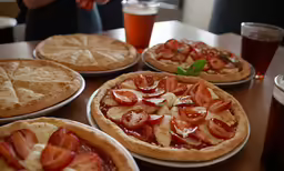 a table with several pies and cups of beer