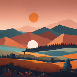a painting with mountains, grass, trees and sun,a painting depicting the mountains with trees and mountains