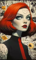 a girl with bright red hair and big blue eyes wearing a black blouse