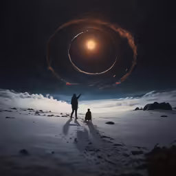 two people in a dark area one of them is walking towards a distant object