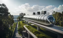 the modern train is driving through an open field