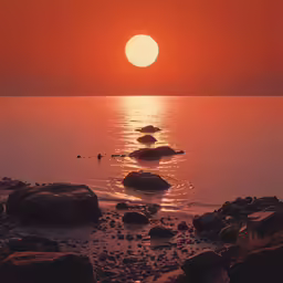 several rocks line the shoreline as the sun sets
