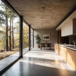 an open house with windows and a table in it