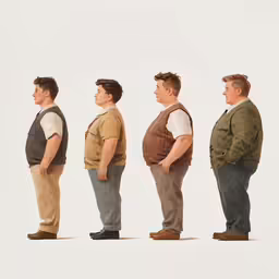 four men standing in different poses, one looking down