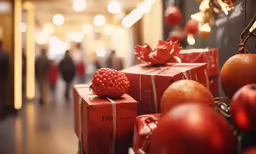 some wrapped presents with christmas ornaments on the shelf