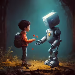 a small boy standing next to a robot