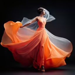 the bride is wearing an orange and beige dress