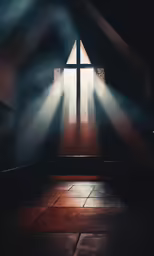 light coming out from behind a cross into a dimly lit floor