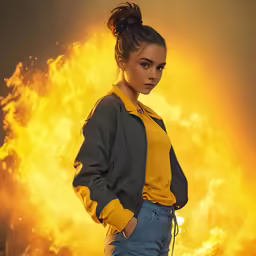 a woman in yellow and grey hoodie standing in front of a explosion