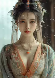 an asian woman with beautiful clothing and jewelry,an oriental woman wearing a veil and tiara