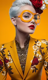 a woman with yellow glasses and flowers is wearing a yellow suit