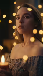 the lady is posing and holding a candle
