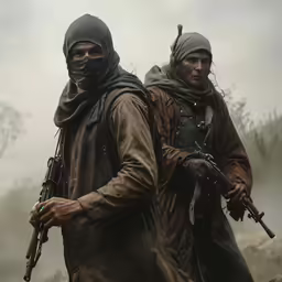 two men with face masks and guns walking together