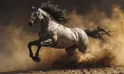 horse galloping through dusty area near dirt field