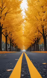 a road surrounded by trees with yellow leaves on both sides