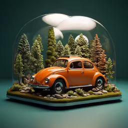 an orange car inside of a glass dome