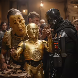 several star wars characters being greeted by characters