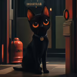 a black cat with big orange eyes sits in a room