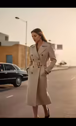 woman in beige trench coat on street during sunset