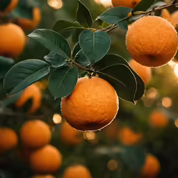 many oranges hanging from a tree with green leaves