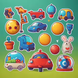 the sticker sheet shows different shapes and sizes of toys,a variety of stickers of various types and shapes