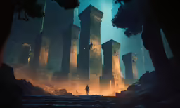 a lone person stands in front of several ruines