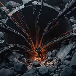 the man is standing in a cave next to some fire