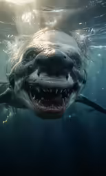 a large white shark is swimming under water