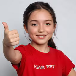 a girl gives the thumbs up with her red shirt