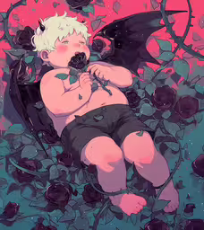 a small child is laying down with a bat in its hand,a boy in a diaper sleeping next to flowers