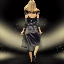 a woman walking down a runway at night