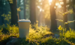 the sun is rising in the forest, over a cup