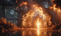 a fire blazing behind a forest filled with trees