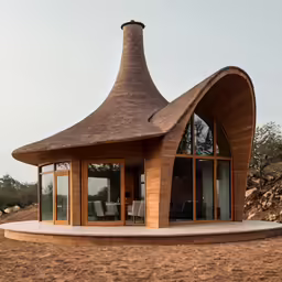 the wooden circular house is placed on a platform