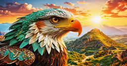 a colorful painting of an eagle in front of a mountain