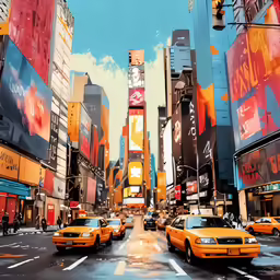 a painting of yellow taxis cabs, and large buildings in new york city