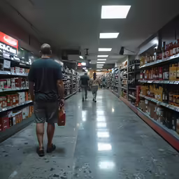 people walking down a store aisle in the middle of an empty store