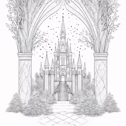 a castle with trees and stairs