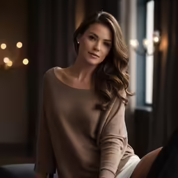 an elegant woman in tan top and white skirt