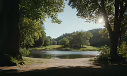 the sunlight is reflecting off the water in a pond