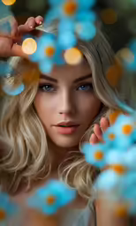 a beautiful blonde girl posing in front of a blue background with lots of blue flowers